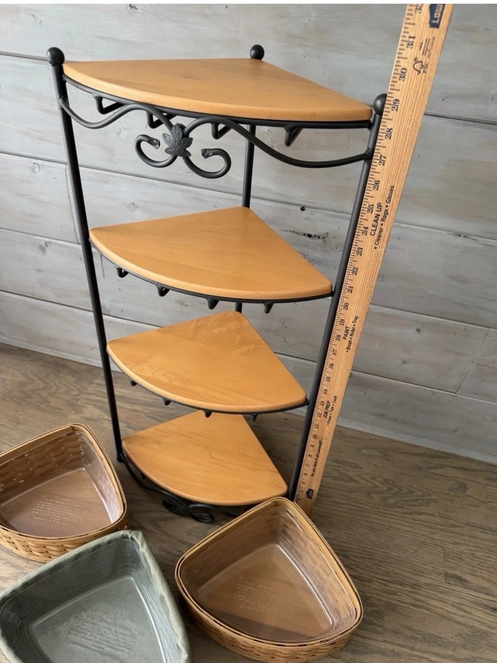 Longaberger Wrought Iron Large Corner Rack Stand & 4 woodcrafts shelves & Basket
